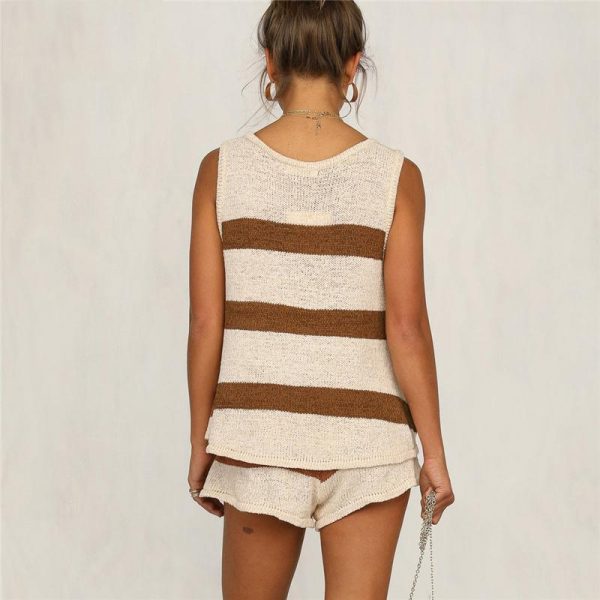 Summer Striped Beach Strap V Neck Two Piece Set Crop Top And Shorts - Takalr