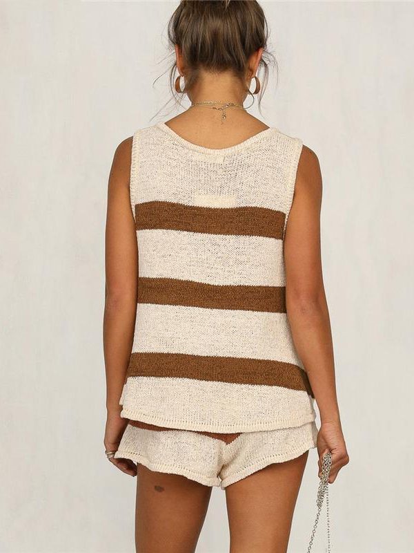 Summer Striped Beach Strap V Neck Two Piece Set Crop Top And Shorts - Takalr