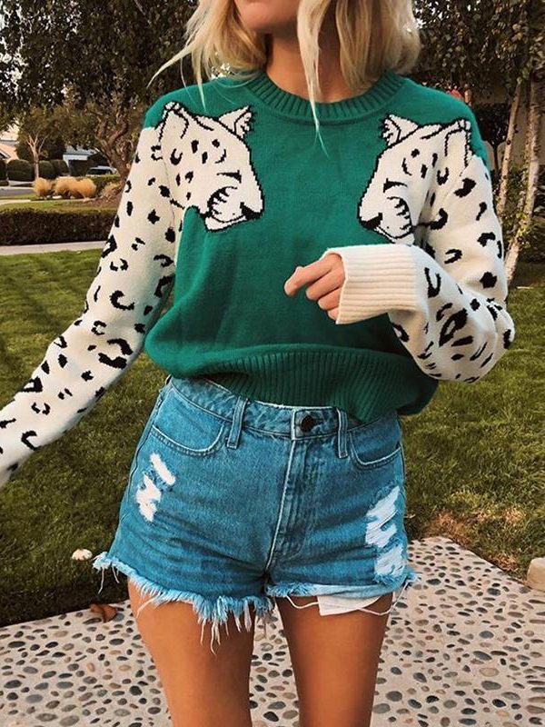 Animal print knitted sweater women Casual o neck long sleeve sweater pullover Autumn basic pull femme Knitting sweaters - Takalr
