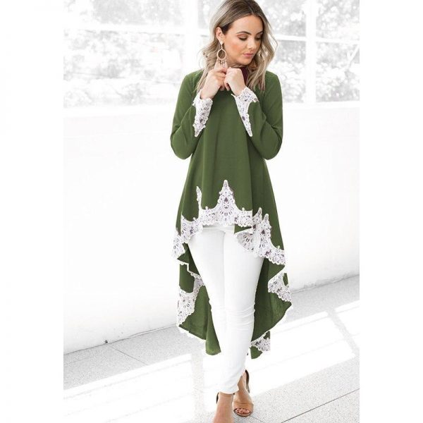 Asymmetric hem lace patchwork hoodies sweatshirt Women long sweatshirt dress Autumn new fashion pullover outwear Tunic tops - Takalr