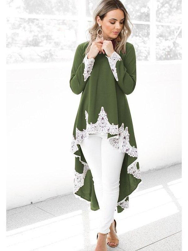 Asymmetric hem lace patchwork hoodies sweatshirt Women long sweatshirt dress Autumn new fashion pullover outwear Tunic tops - Takalr