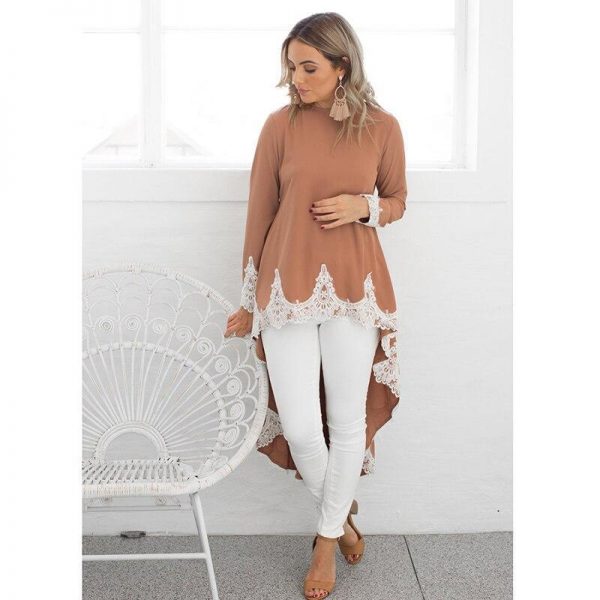 Asymmetric hem lace patchwork hoodies sweatshirt Women long sweatshirt dress Autumn new fashion pullover outwear Tunic tops - Takalr