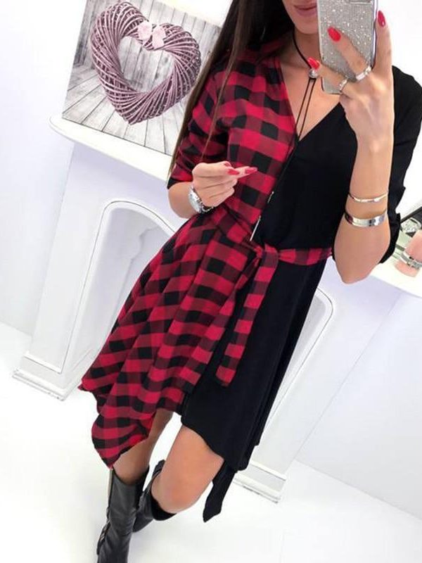 Asymmetrical women shirt dress Plaid printed wrap dress Autumn casual turn down collar sashes dresses vestido mujer - Takalr