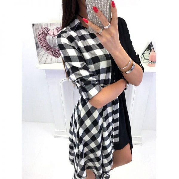 Asymmetrical women shirt dress Plaid printed wrap dress Autumn casual turn down collar sashes dresses vestido mujer - Takalr