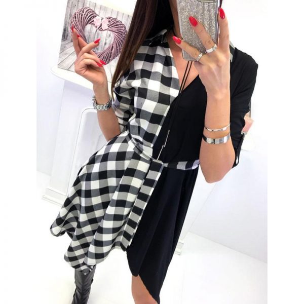 Asymmetrical women shirt dress Plaid printed wrap dress Autumn casual turn down collar sashes dresses vestido mujer - Takalr