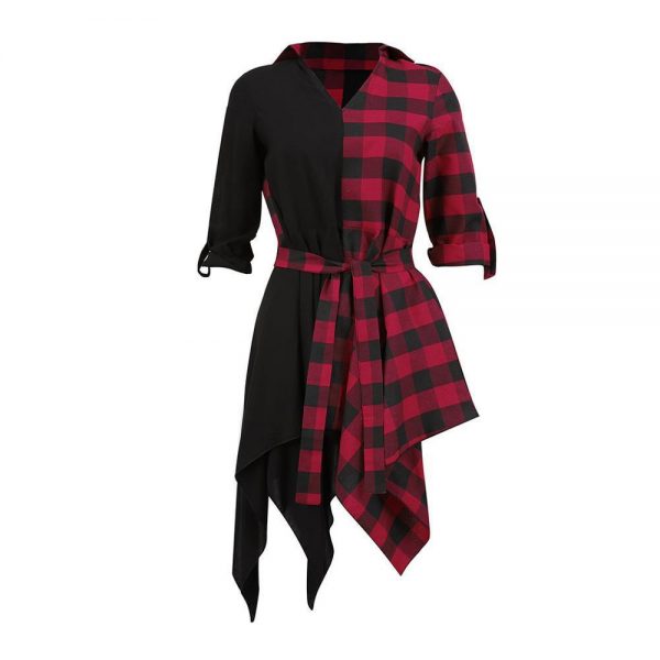 Asymmetrical women shirt dress Plaid printed wrap dress Autumn casual turn down collar sashes dresses vestido mujer - Takalr