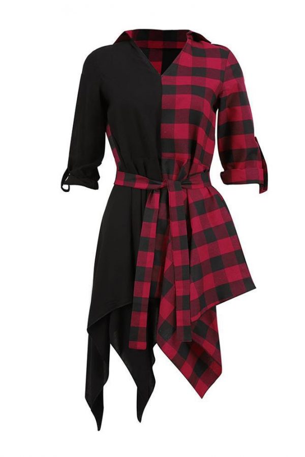 Asymmetrical women shirt dress Plaid printed wrap dress Autumn casual turn down collar sashes dresses vestido mujer - Takalr