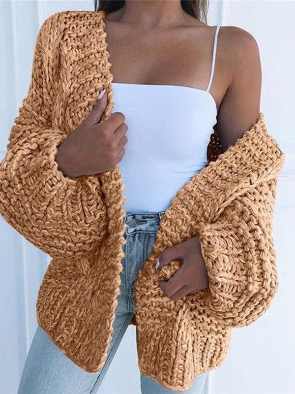 Loose Knitted Casual Cardigan Tops Women Long Sleeve Sweaters - Takalr