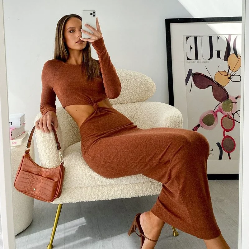 Sexy Twist Front Cutout Long Sleeve Bodycon Dresses for Women Fall Winter Fashion Elegant Knit Maxi Dress C66CI33 - Image 25