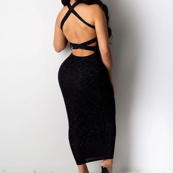 Backless Glitter Bandage Dress Women Slim Fit Glittering Midi Bodycon Dress Sexy Strapless Black Party Dresses Vestidos Mujer - Takalr