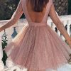 Backless glitter sheer mesh dress women Shinny A-line pink party dress Elegant long sleeve festival clothing dresses vestidos - Takalr