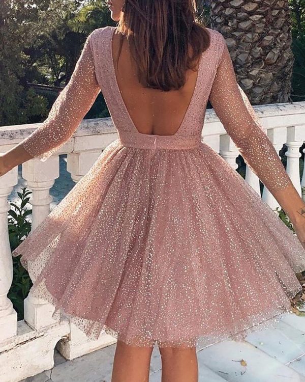 Backless glitter sheer mesh dress women Shinny A-line pink party dress Elegant long sleeve festival clothing dresses vestidos - Takalr