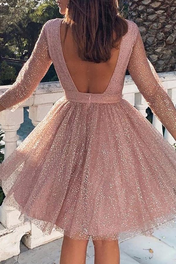 Backless glitter sheer mesh dress women Shinny A-line pink party dress Elegant long sleeve festival clothing dresses vestidos - Takalr