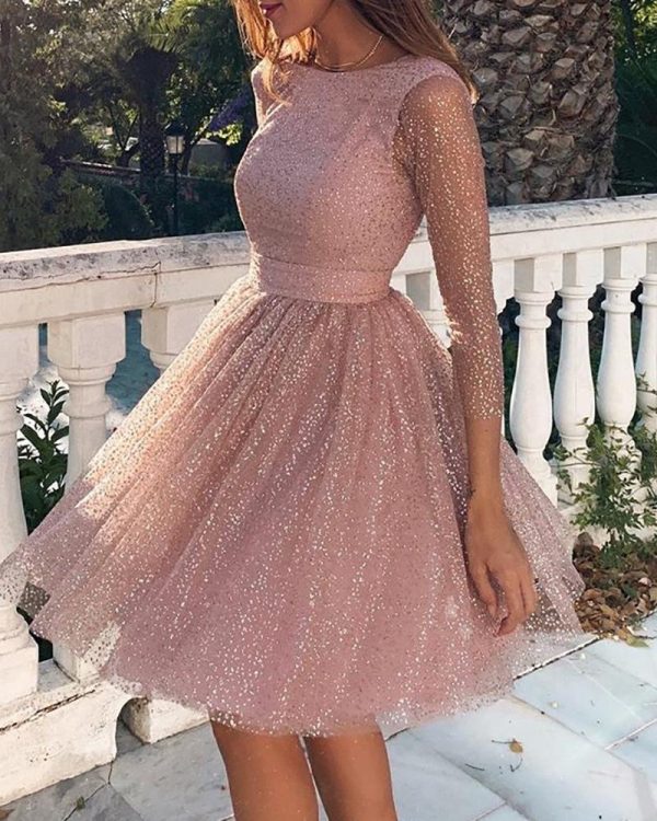 Backless glitter sheer mesh dress women Shinny A-line pink party dress Elegant long sleeve festival clothing dresses vestidos - Takalr