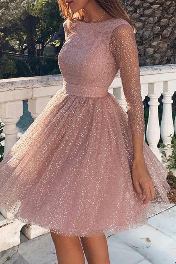 Backless glitter sheer mesh dress women Shinny A-line pink party dress Elegant long sleeve festival clothing dresses vestidos - Takalr