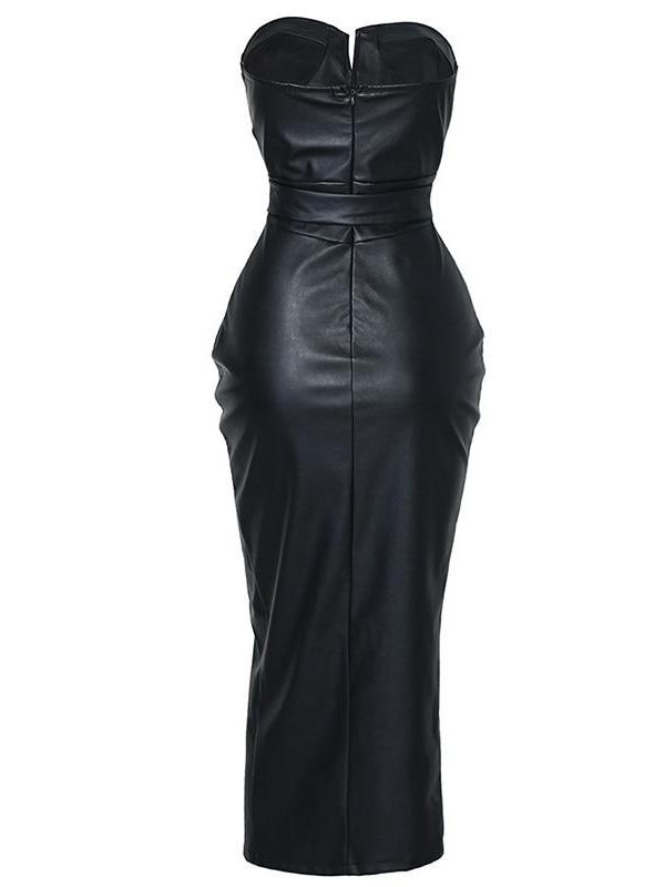 Backless pu leather dress Women high split black tight party dress night club wear low cut bodycon dresses belted vestidos - Takalr