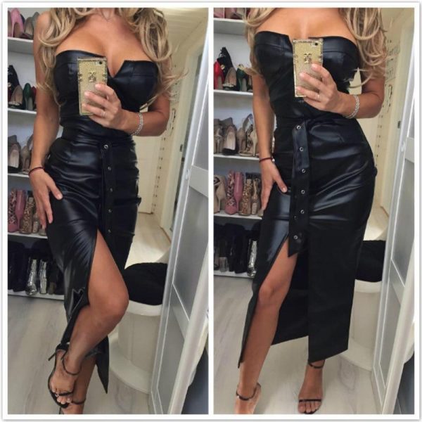 Backless pu leather dress Women high split black tight party dress night club wear low cut bodycon dresses belted vestidos - Takalr