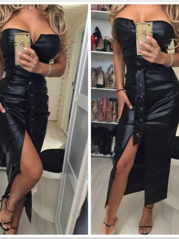 Backless pu leather dress Women high split black tight party dress night club wear low cut bodycon dresses belted vestidos - Takalr