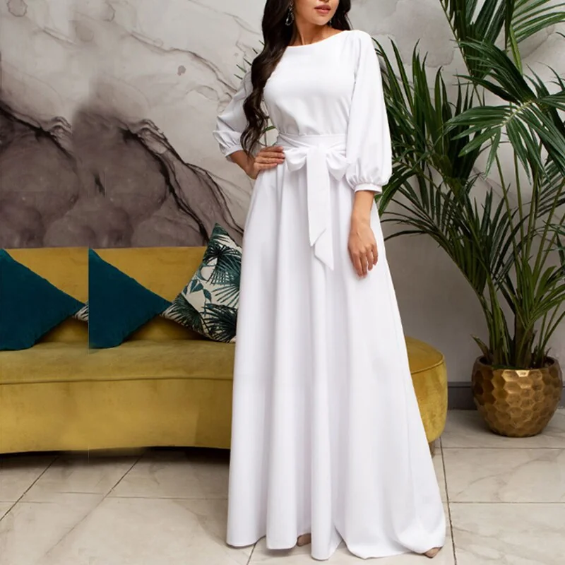 Bandage Maxi Long Dress Lantern Sleeve O Neck A-Line Pocket Casual Temperament Fashion Summer Beach Style - Image 14