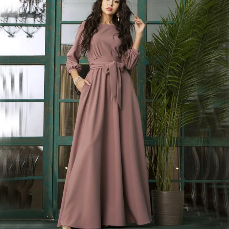 Bandage Maxi Long Dress Lantern Sleeve O Neck A-Line Pocket Casual Temperament Fashion Summer Beach Style - Image 11