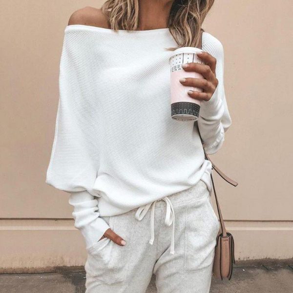 Batwing sleeve casual loose sweater tops pullover Fashion autumn off shoulder knitted sweater Solid grey white knitwear jumper - Takalr