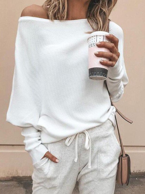 Batwing sleeve casual loose sweater tops pullover Fashion autumn off shoulder knitted sweater Solid grey white knitwear jumper - Takalr