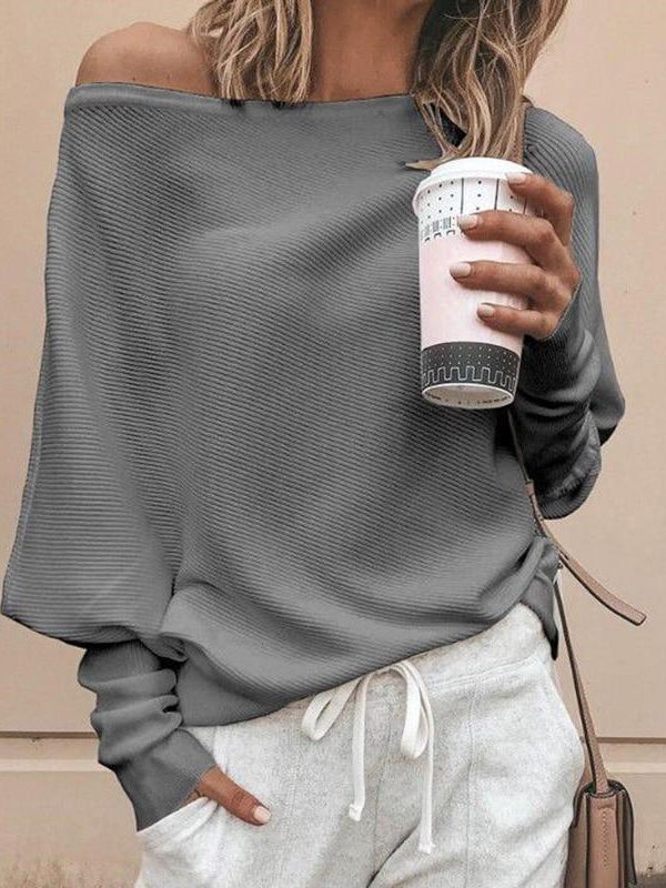 Batwing sleeve casual loose sweater tops pullover Fashion autumn off shoulder knitted sweater Solid grey white knitwear jumper - Takalr