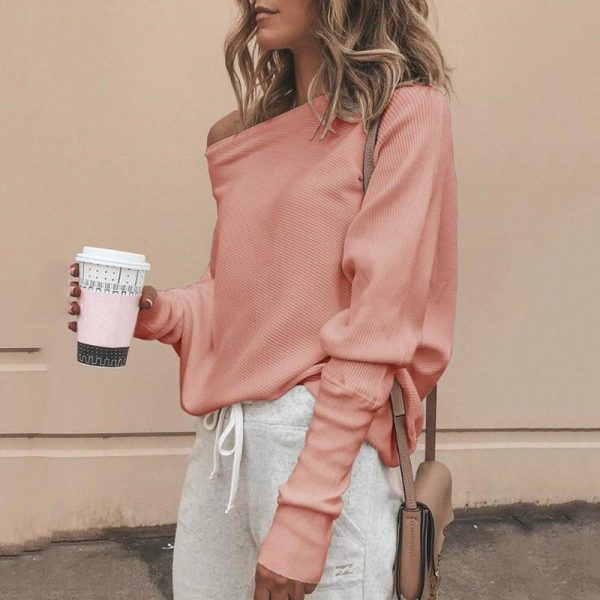 Batwing sleeve casual loose sweater tops pullover Fashion autumn off shoulder knitted sweater Solid grey white knitwear jumper - Takalr