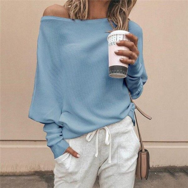 Batwing sleeve casual loose sweater tops pullover Fashion autumn off shoulder knitted sweater Solid grey white knitwear jumper - Takalr