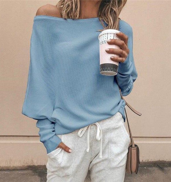 Batwing sleeve casual loose sweater tops pullover Fashion autumn off shoulder knitted sweater Solid grey white knitwear jumper - Takalr