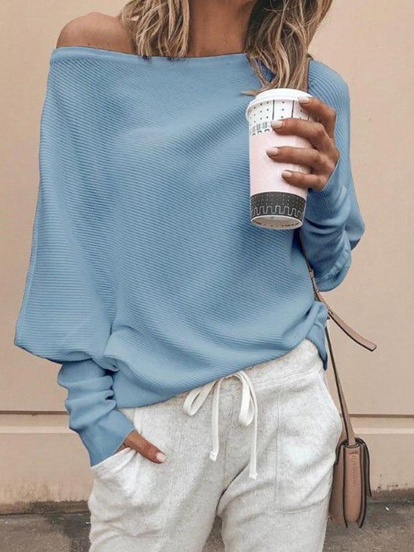 Batwing sleeve casual loose sweater tops pullover Fashion autumn off shoulder knitted sweater Solid grey white knitwear jumper - Takalr