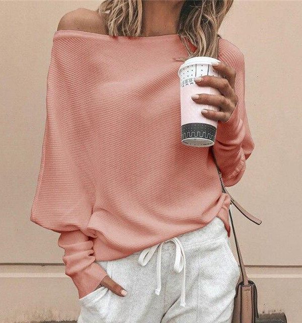 Batwing sleeve casual loose sweater tops pullover Fashion autumn off shoulder knitted sweater Solid grey white knitwear jumper - Takalr