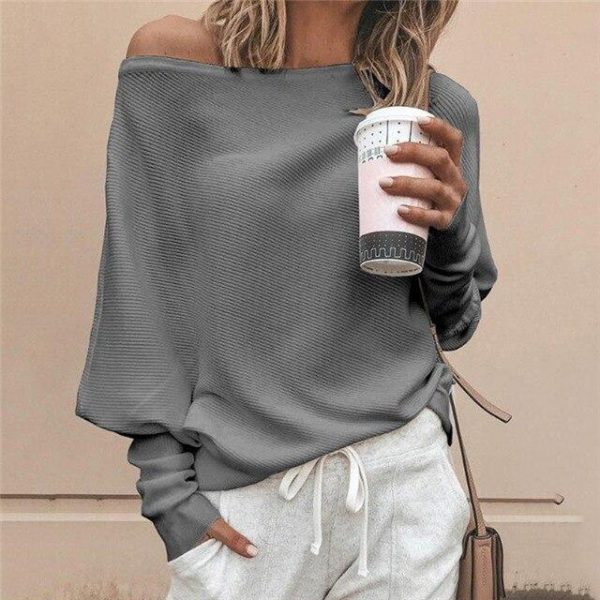 Batwing sleeve casual loose sweater tops pullover Fashion autumn off shoulder knitted sweater Solid grey white knitwear jumper - Takalr