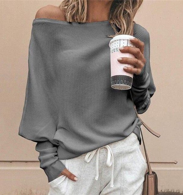 Batwing sleeve casual loose sweater tops pullover Fashion autumn off shoulder knitted sweater Solid grey white knitwear jumper - Takalr