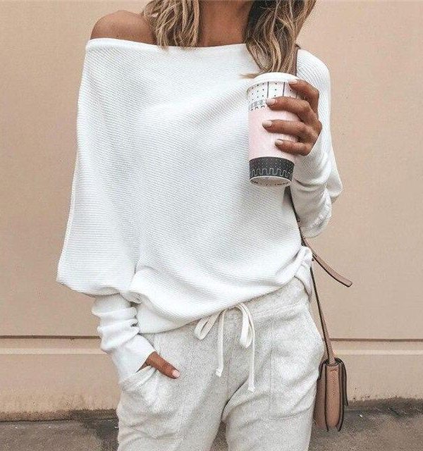 Batwing sleeve casual loose sweater tops pullover Fashion autumn off shoulder knitted sweater Solid grey white knitwear jumper - Takalr