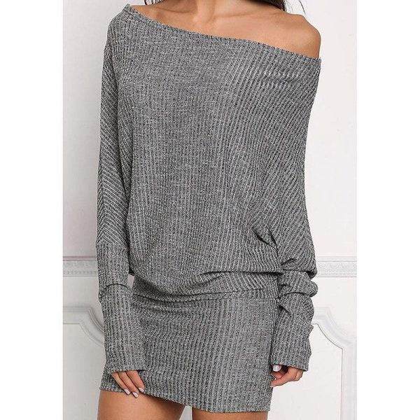 Batwing sleeve kitted sweater dress women hip  package short grey sweater dresses Autumn off shoulder winter dress vestidos - Takalr