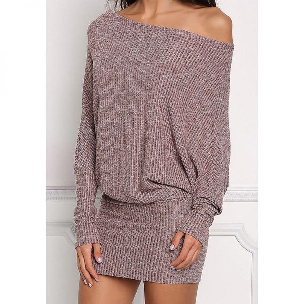 Batwing sleeve kitted sweater dress women hip  package short grey sweater dresses Autumn off shoulder winter dress vestidos - Takalr