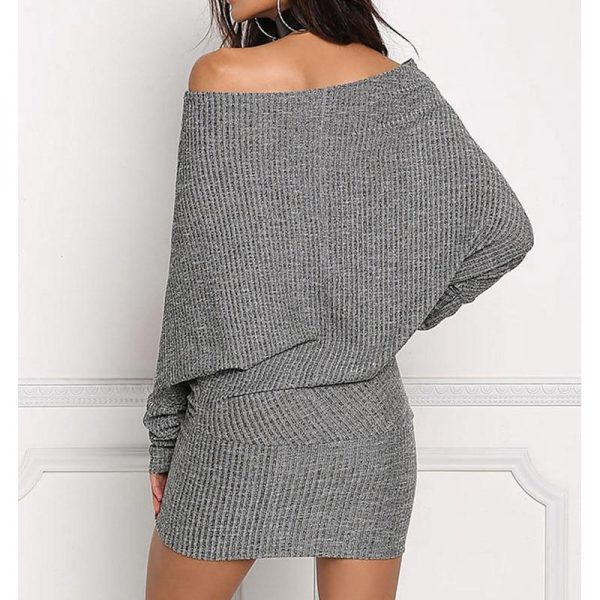 Batwing sleeve kitted sweater dress women hip  package short grey sweater dresses Autumn off shoulder winter dress vestidos - Takalr