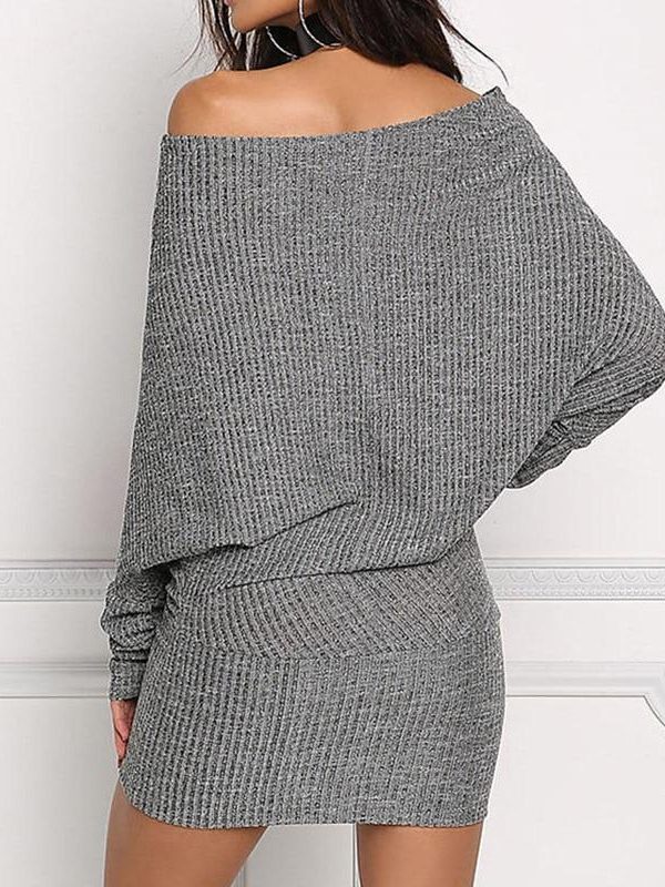 Batwing sleeve kitted sweater dress women hip  package short grey sweater dresses Autumn off shoulder winter dress vestidos - Takalr