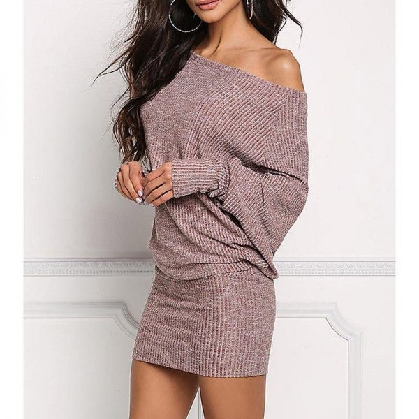 Batwing sleeve kitted sweater dress women hip  package short grey sweater dresses Autumn off shoulder winter dress vestidos - Takalr