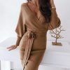 Batwing sleeve sashes sweater dress women Knitted long sleeve dress winter Elegant v neck solid khaki bodycon mini vestidos - Takalr