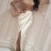 Beaded Embellished Mesh Patchwork Slit Dress Women Long Sleeve Elegant Party Dress Sext Transparent Long Maxi Dresses - Takalr