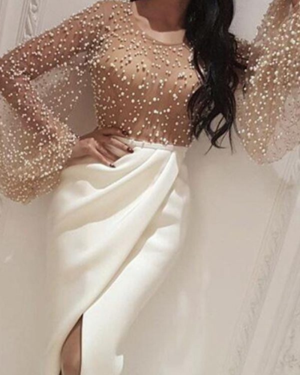 Beaded Embellished Mesh Patchwork Slit Dress Women Long Sleeve Elegant Party Dress Sext Transparent Long Maxi Dresses - Takalr