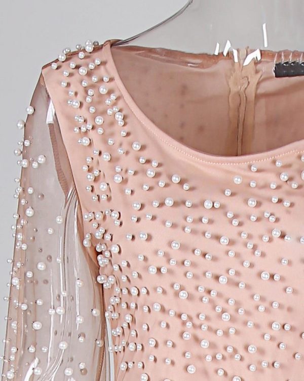 Beaded Embellished Mesh Patchwork Slit Dress Women Long Sleeve Elegant Party Dress Sext Transparent Long Maxi Dresses - Takalr