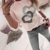 Beaded Heart Print Round Neck Long Sleeve T-shirt Women Spring Fashion Casual Tshirt Femme Blusa Womens Tops Streetwear - Takalr