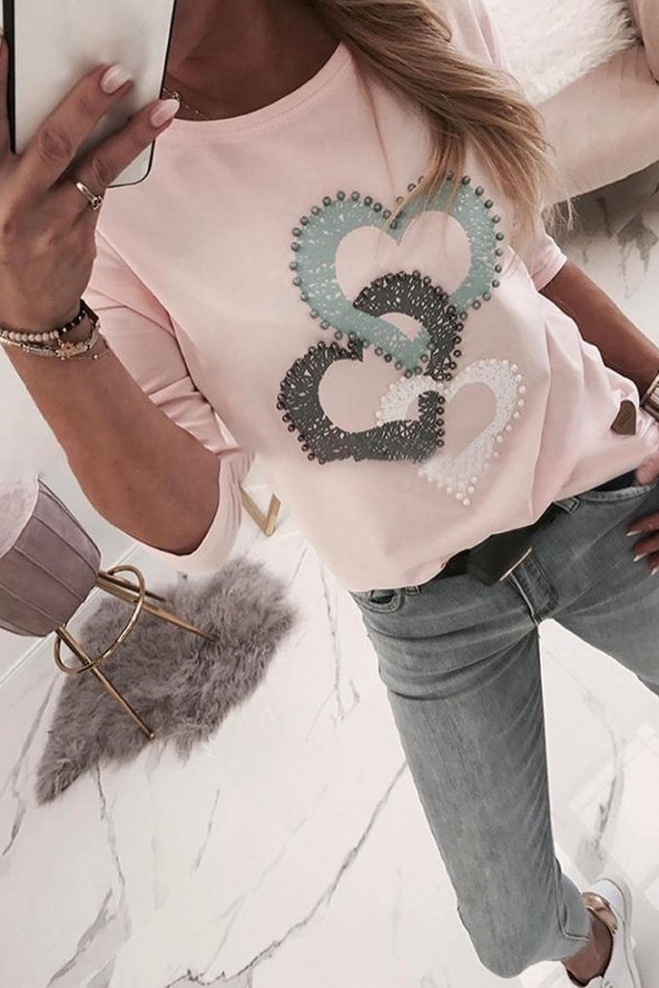 Beaded Heart Print Round Neck Long Sleeve T-shirt Women Spring Fashion Casual Tshirt Femme Blusa Womens Tops Streetwear - Takalr