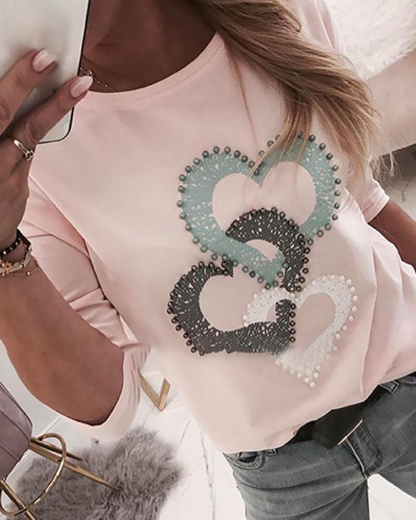 Beaded Heart Print Round Neck Long Sleeve T-shirt Women Spring Fashion Casual Tshirt Femme Blusa Womens Tops Streetwear - Takalr