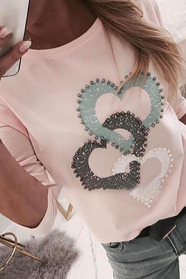 Beaded Heart Print Round Neck Long Sleeve T-shirt Women Spring Fashion Casual Tshirt Femme Blusa Womens Tops Streetwear - Takalr