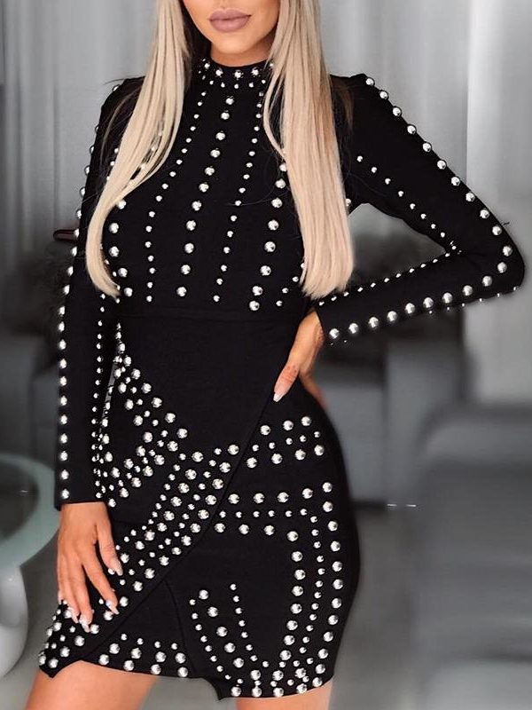 Beaded Long Sleeve Bodycon Dress Women Pearls Beading Black Winter Dress Sexy Night Club Party Dresses Short Pencil Vestidos - Takalr