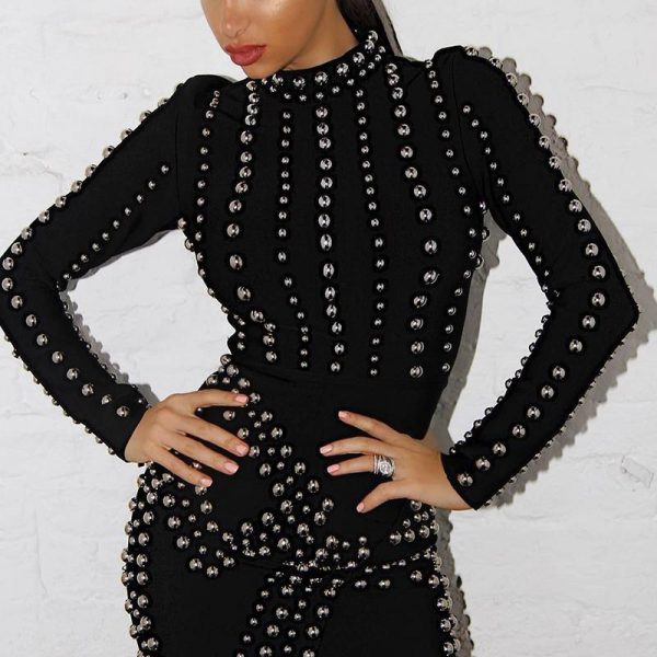 Beaded Long Sleeve Bodycon Dress Women Pearls Beading Black Winter Dress Sexy Night Club Party Dresses Short Pencil Vestidos - Takalr